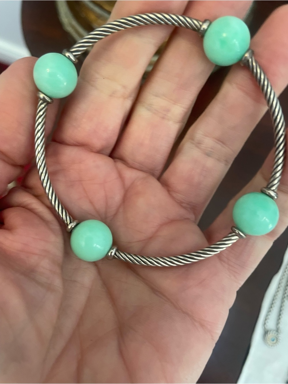 David Yurman Sterling-Tone Twisted Wire Bangle with Mint Green chrysoprase Beads